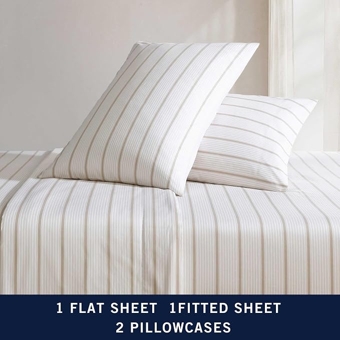 Nautica - Queen Sheets, Premium Cotton Percale Bedding Set, Striped Home Decor, Oeko-Tex Certified (Merrick Stripe Beige, Queen)