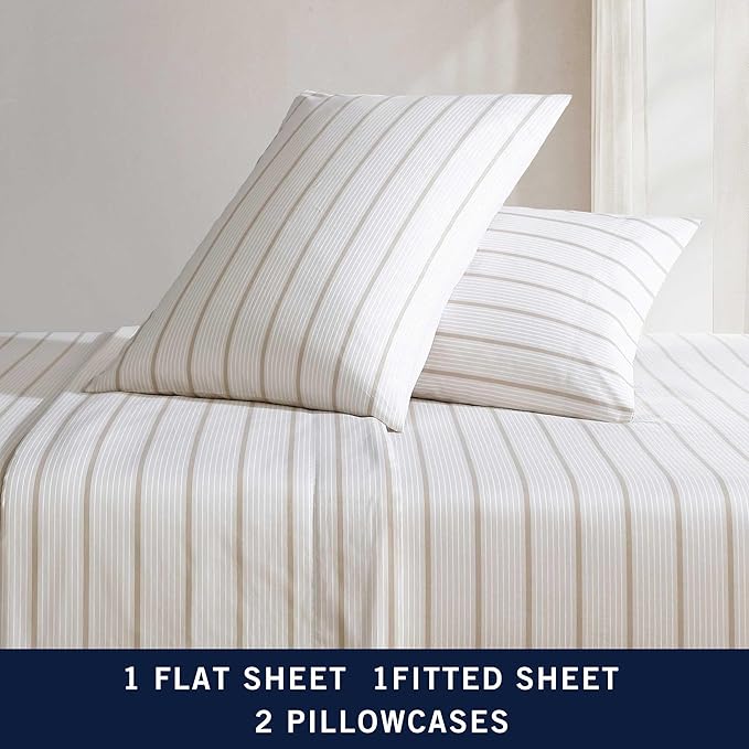 Nautica - Full Sheets, Premium Cotton Percale Bedding Set, Striped Home Decor, Oeko-Tex Certified (Merrick Stripe Beige, Full)