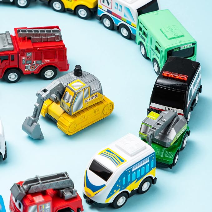 JOYIN 18 Pcs Pull Back City Cars and Trucks Toy Vehicles Set, Friction Powered Mini Cars Toys for Toddlers, Party Favors for Kids 3-5, Birthday Gifts for Boys and Girls, Goodie Bag Stuffers