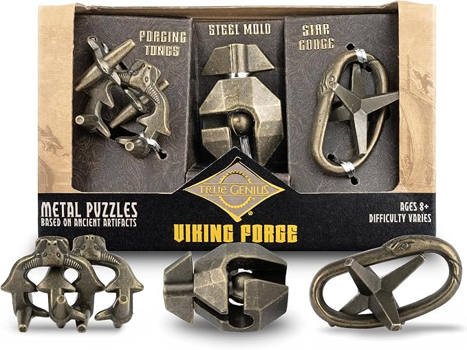 True Genius: Viking Forge - 3 Cast Metal Brainteaser Puzzles, Disentanglement Puzzle, Difficulty Level 3-5, Project Genius, Ages 8+