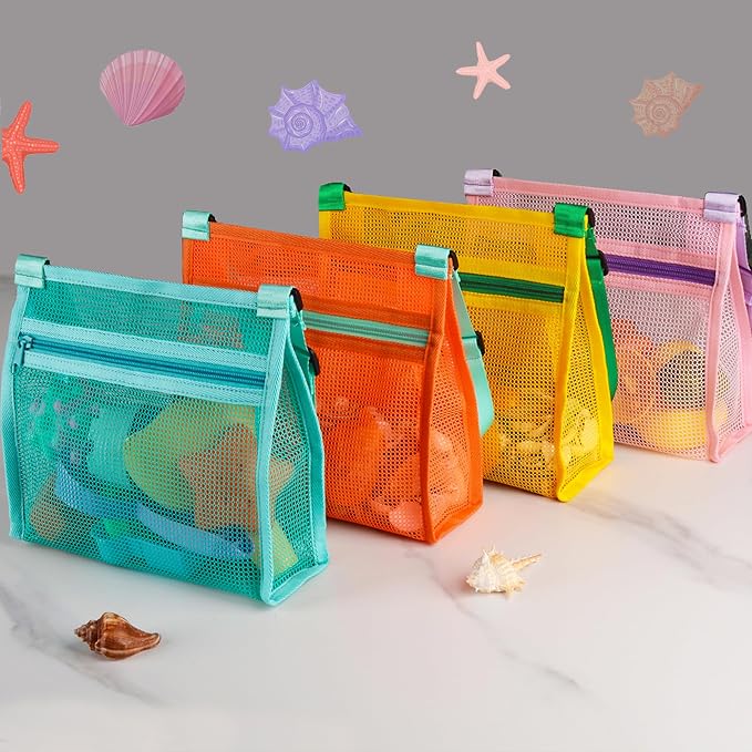 MUYIZI Mesh Beach Bag for Shells Collecting 4 Pack,Shell Bags for Beach,Sea Shell Bags for Picking Up Shells,Beach Shell Bag for Kids, Beach Toys Sand Toys Swimming Accessories for Boys and Girls