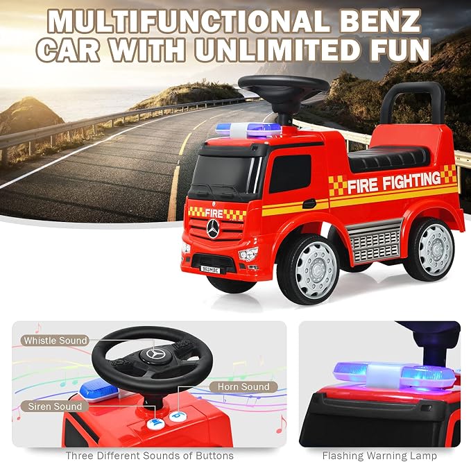 HONEY JOY Ride On Push Car, Licensed Mercedes Benz Push Cars for Toddlers w/Horn, Music, Lights, Under Seat Storage, Foot-to-Floor Ride On Fire Truck Toy for Kids Boys Girls 1-3, Red