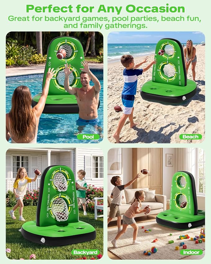 Inflatable Pool Football Toss Games, Water Football Target with 4 Balls & 2 Pumps, Stable Base & Dual Net Design, Outdoor Pool Toys for Kids & Adults
