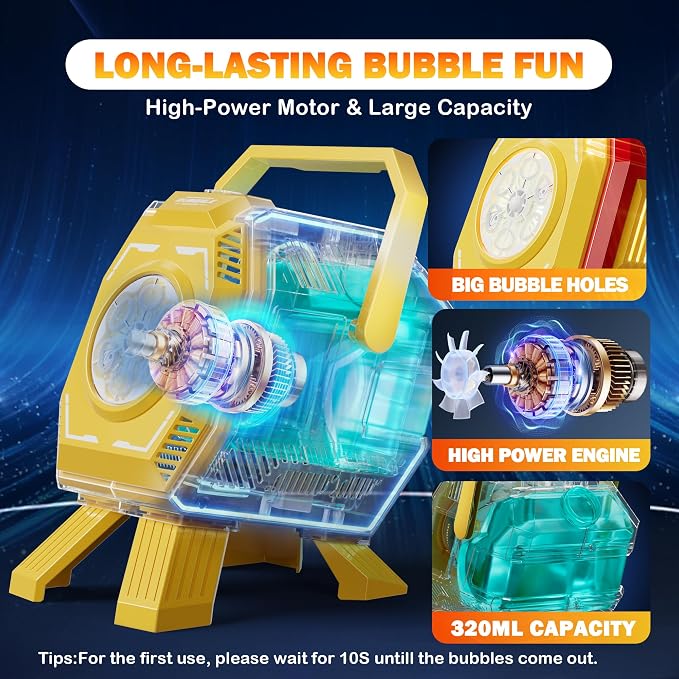 Belemar Bubble Machine for Kids with Lights, 6 Big Bubble Holes, Up to 15,000 Bubbles/Min, 320ml Large Tank, Battery Operated Portable Bubble Blower for Toddlers, Birthday Parties & Outdoor Fun