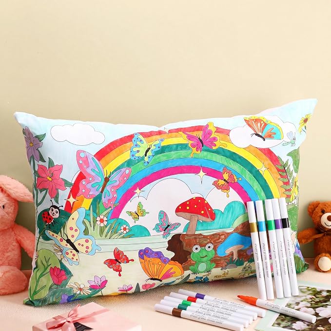 Mindsoft Coloring Craft Coloring Pillowcase Pillow Covers with 12 Pcs Markers Pens for Decoration Supplies Craft, 28.7 x 19.7 Inch (Butterfly)