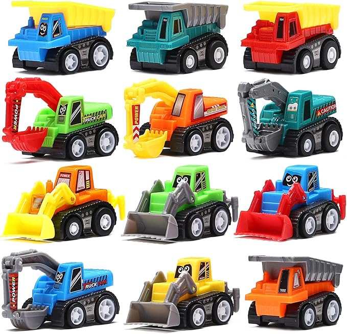 Funcorn Toys Pull Back Car, 12 Pcs Mini Truck Toy Kit Set, Play Construction Engineering Vehicle Educational Preschool for Children Boys Party Favors, Kids Birthday Game Gift Playset Classroom Reward
