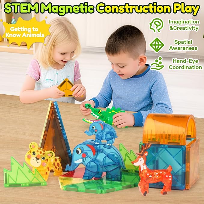 Oriate Jungle Animal Toys for Magnetic Tiles, 5pcs Movable Joints Forest Magnetic Animals for Magnet Building Tiles, Educational Zoo Animals Compatible with Kids Magnetic Blocks