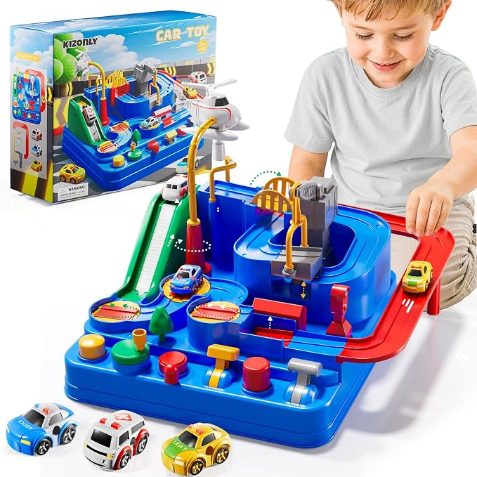 Car Race Track for Kids Ages 3+, Kids Car Toys for 3 Year Old Boys, Race Track for Toddlers 3+, City with 3 Small Cars and Helicopter, Educational Birthday Gifts