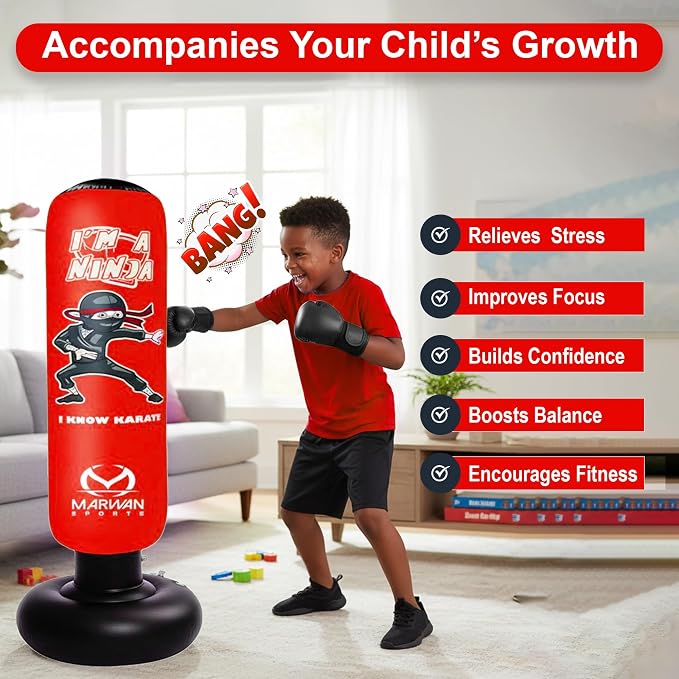Marwan Sports Ninja Kids Punching Bag — Inflatable Sensory Toy & Birthday Gift for Boys & Girls Ages 4-12, 63" Freestanding 5-in-1 Kit, Indoor Apartment-Quiet Sensory-Friendly Active Play