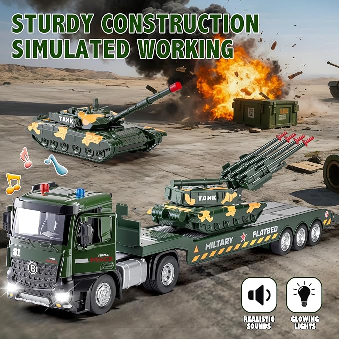 HAPYAD Green Military Big Truck Set Metal Cab, Semi Truck with Trailer, Tank, Missile Tank, Die-cast Army Vehicles Toys with Lights & Sounds, Ideal Gift for 3 4 5 6 7 Years Old Boys Kids Toddlers