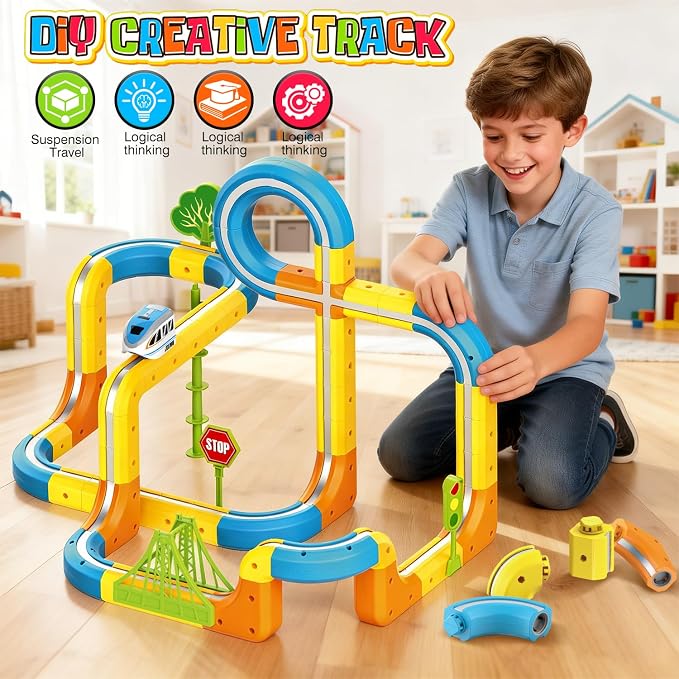 VEAIS Electric Train Set for Kids, 118Pcs 3D Flexible Race Track Sets, Gravity-Defying Motorized Car for Toddlers,Montessori STEM Train Tracks Toys,Birthday Gifts for Kids Boys Girls Age 3 4 5 6 7 8+