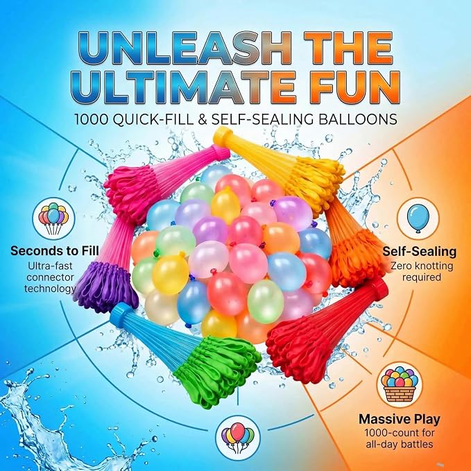 1000 Pcs Quick Fill Water Balloons, Self Sealing & Biodegradable, Easy Fill Summer Outdoor Toys for Kids, Boys & Girls, Backyard, Pool, Beach, Birthday Party, Water Fight Games and Family Fun