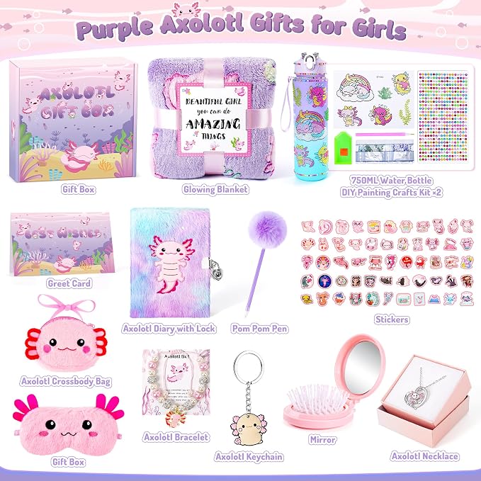 13PCS Axolotl Gifts for Girls 3 4 5 6 7 8 9 10 Years Old with Stationery Plush Diary with Lock/Glowing Blanket/Eye Mask/Crossbody Bag Teen Birthday Christmas Axolotl Gifts for Girls Kids