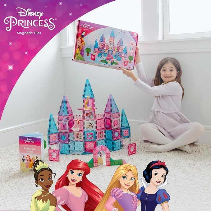 Disney Princess Toys Magnetic Tiles Castle Set - 172-Piece STEM Building Toy with Ariel, Moana, Snow White, Tiana & Rapunzel Characters, Marble Run Slides, Disney Toys for Girls Ages 3+
