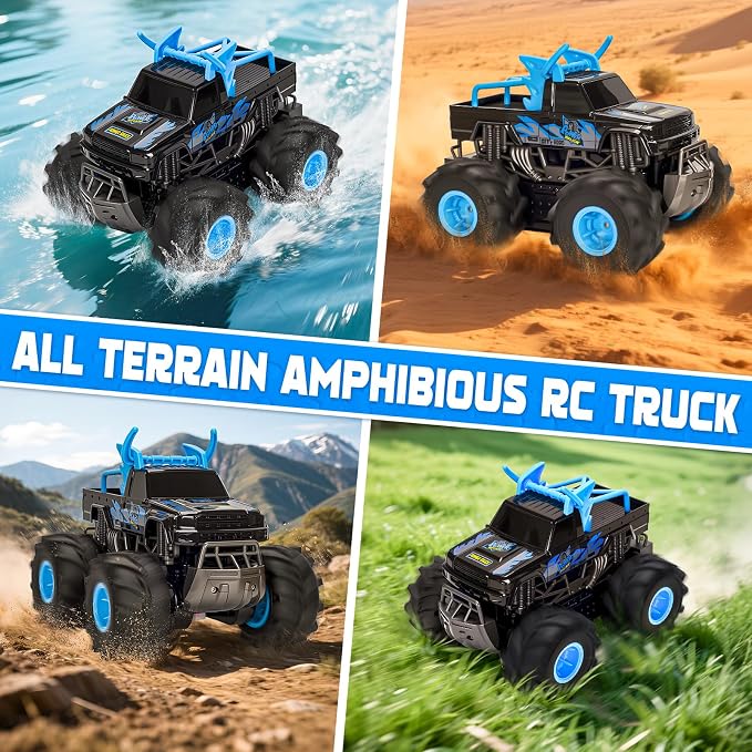 Lacchoufee 1:16 Waterproof Monster Truck Toys RC Cars, 2.4GHz Remote Control Truck for Kids Boy Ages 8,9,10,11,12 Years Old, 4WD All Terrain Off-Road with LED Lights RC Boat for Boy Girl Birthday Gift