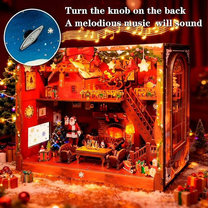 DIY Miniature House, LED Lighting Book Nook Kit Dollhouse Kit,Music Box Dollhouse, 3D Wooden Puzzle with Dust Cover,Gifts for Family, Friends,Christmas(Christmas Carnival)