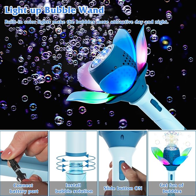 Panamalar Electric Bubble Wand for Kids, Automatic Bubble Machine 10000+ Bubbles Per Minute with Battery/Lights/120ml Solution, Light Up Flower Bubble Wand Bubble Toys for Summer Outdoor Party Wedding