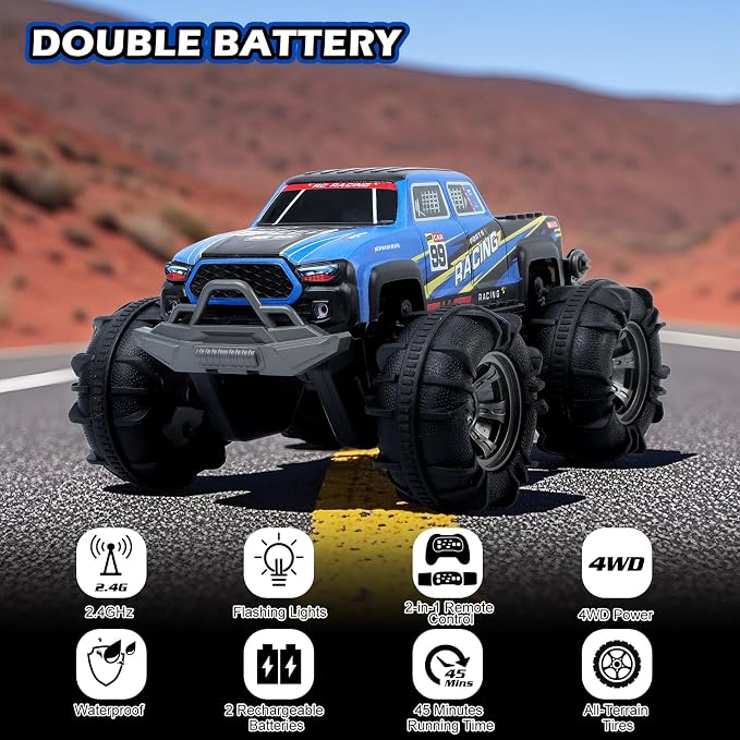 QXHOL Waterproof Monster Truck Gesture RC Car, 4WD Amphibious Hand Controlled Remote Control Toy for Kids, All-Terrain Off-Road Vehicle for Boys Ages 6-7 8 9 10 11 12 Year Old, Present