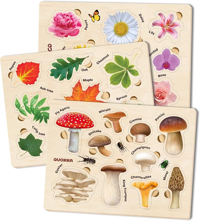 QUOKKA Wooden Puzzles for Toddlers 2-4 – 3X Set Montessori Toys Puzzles for Kids Ages 3-5 – Wood Educational Baby Game 12-18 Months – Gift Learning Mushrooms Flowers Leaves for Boy and Girl 3-5