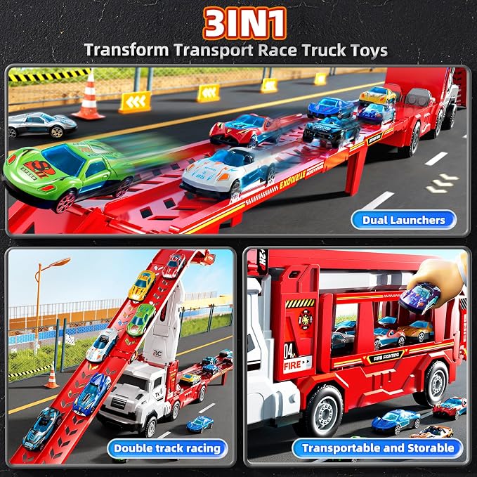 Toddler Car Truck Toys for 3 4 5 6 7 8 Years Old Boys, Transporter Truck Toy Track Set with 12 Die-Cast Car Toys, Toy Gifts for 3 4 5 6 Year Old Boys Kids