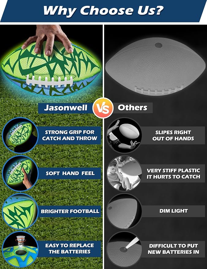 Jasonwell Glow in The Dark Football - Strong Grip Light Up Football Toy Stuff Gift Outdoor Sports Ball for Boys Kids Teen Junior Youth Adult Christmas Birthday Gifts for Ages 6-8 8-12 13+ Year Old