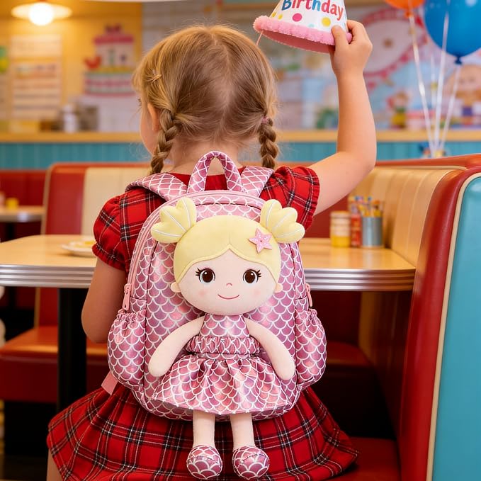 Lazada Toddler Backpack - Baby Girl Gifts Plush Doll Dress Backpack - Fashion Girls Tina Fish Scale Series - Pink11 Inches