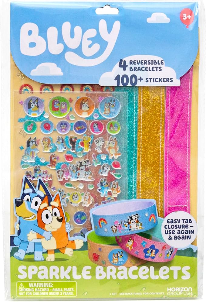 Bluey Sparkle Bracelet Making Kit, 4 Reversible Bracelets with Easy Closure, 100+ Traditional and Puffy Resin Stickers, DIY Bluey Jewelry, Arts and Crafts for Kids Age 8-12, Toddler Gifts