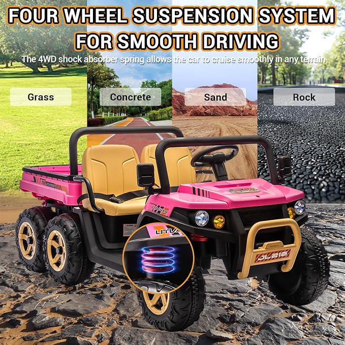 Hetoy 2 Seater Ride on Dump Truck, 24V Electric Vehicle Toys for Kids with Remote Control, Ride on Car with Electric Dump Bed, Toy Shovel, Music, LED Headlights & Spring Suspension- Ages 3+