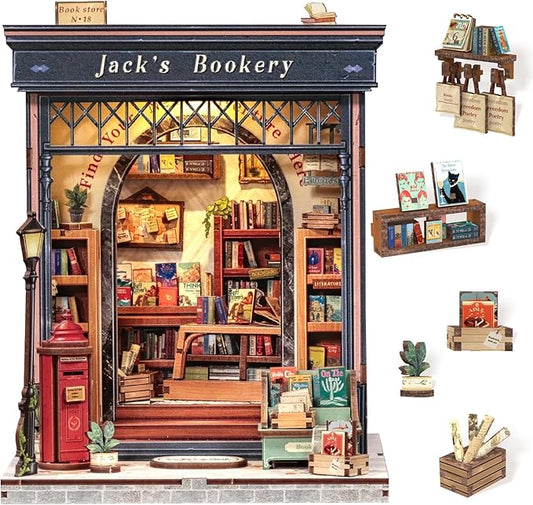 Cutefun Book Nook Kit - DIY Miniature Dollhouse Library Kit for Adults and Teens, Tiny House Building Bookshelf Insert Decor with LED Light, Gifts for Family and Friends (Jack's Bookery)