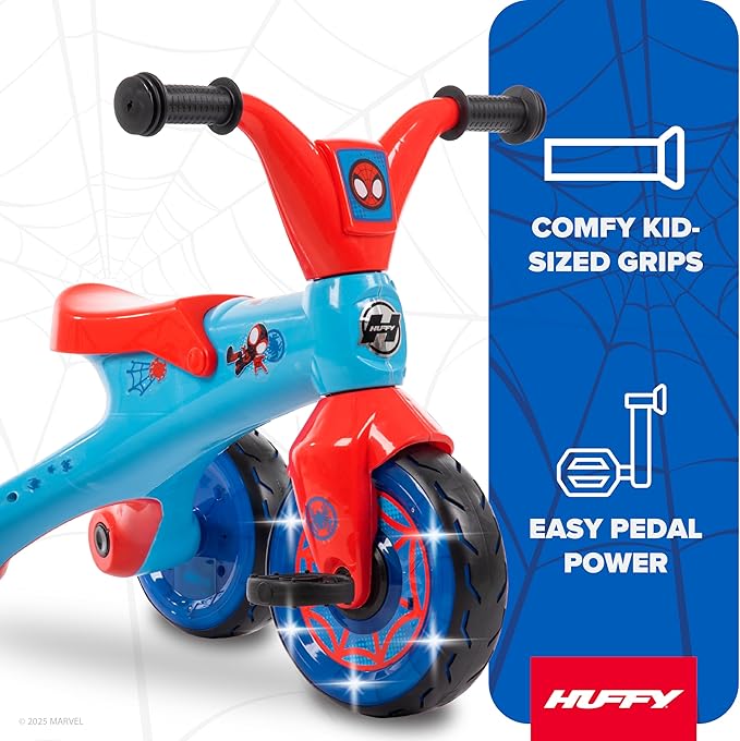 Huffy Marvel Spidey and His Amazing Friends Light Up Kids' Trike, Ideal for Ages 3+ Years Old, LED Light Feature, Under Seat Storage, Fun and Playful Design, Spider-Man