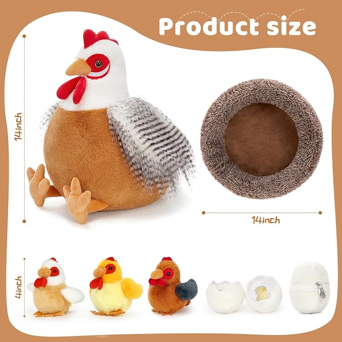 MaoGoLan 8Pcs Chicken Stuffed Animals, Stuffed Laying Hen Chicken Plush Toys with 3 Babies Chickens and 3 Eggs,1 Nest House Plush Set, Cute and Soft Farm Stuffed Animals Gift for Kids,Girls,Boys,White