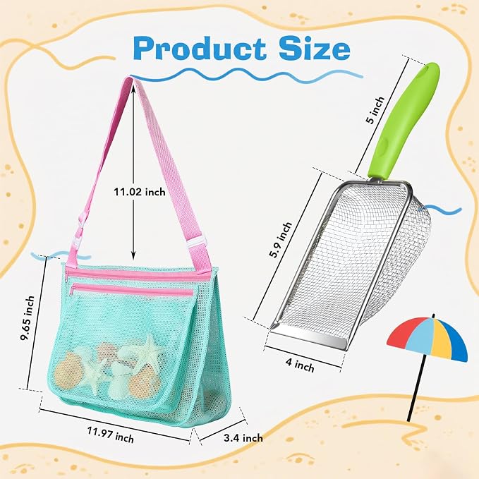 Beach Mesh Shovel with Mesh Bag for Shell Collecting,Beach Scoop Metal Shark Tooth Sifter Sand Dipper for Kids Boys Girls