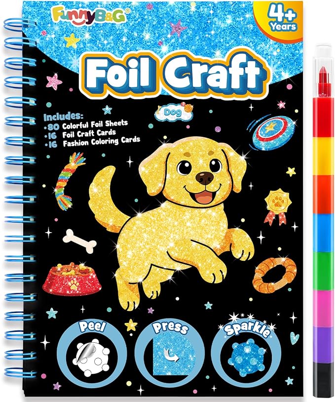 FUNNYB&G Foil Art Craft Kit for Kids 4-10 Years Old: Mess-Free & No-Glue, Create 16 Sparkly Cute Dog Pictures – Perfect Travel Toy & Birthday Gift for Kids（Dog）