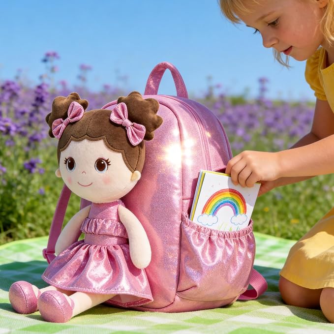 Lazada Toddler Backpack - Baby Girl Gifts Curly Fingerprints Plush Doll Dress Backpack - Fashion Girls Curly Rolled Fingerprints Series - Peach 11 Inches
