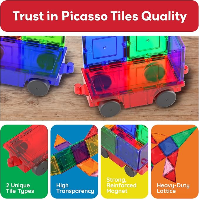 PicassoTiles 2 Piece Car Truck Construction Kit Toy Set Vehicle for Magnetic Blocks Building Tile Sensory Magnet Toys with Re-Enforced Hitch & Long Bed Educational Puzzle Girls Boys Toddlers Ages 3+