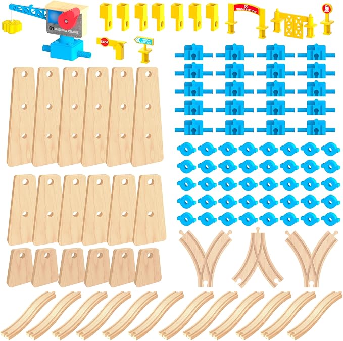 Wooden Train Tracks Build & Play Construction Set 115PCS Modular Railway STEM Toys Track Expansion Pack #3 | Build Crane Tower Bridge Ascending Track Accessories Compatible with Thomas Brio ORBRIUM