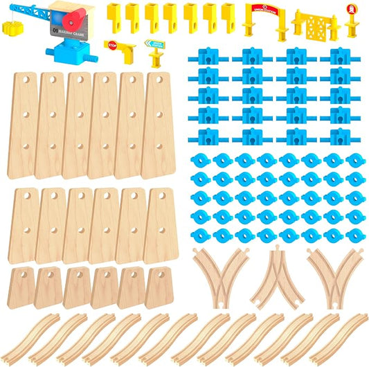 Wooden Train Tracks Build & Play Construction Set 115PCS Modular Railway STEM Toys Track Expansion Pack #3 | Build Crane Tower Bridge Ascending Track Accessories Compatible with Thomas Brio ORBRIUM
