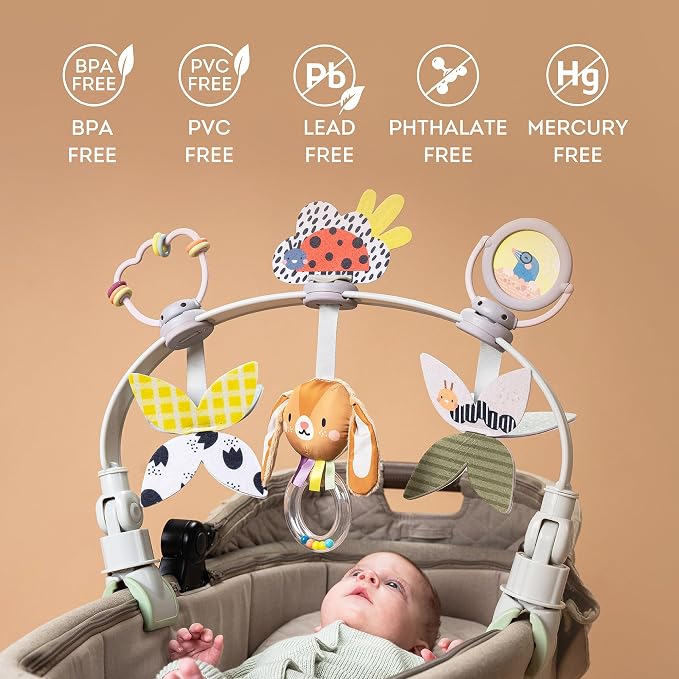 Taf Toys Baby Stroller Arch Toy, Car Seat Toys, Adjustable Arch Stroller Toy with 6 Hanging Sensory Activity Toys, Fits on Baby Bouncer, Bassinet, Crib, Infant Toy Bar Boy Girl 0-18 Months