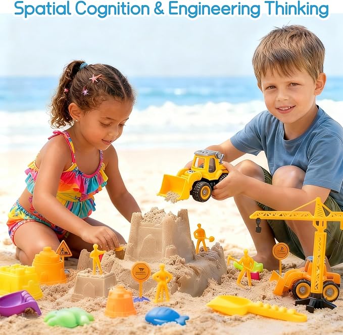 Beach Toys for Kids Ages 4-8: Construction Sand Toys Set with Collapsible Beach Bucket, Castle Molds & Trucks, Durable Beach Sand Play Kit for Boys & Girls