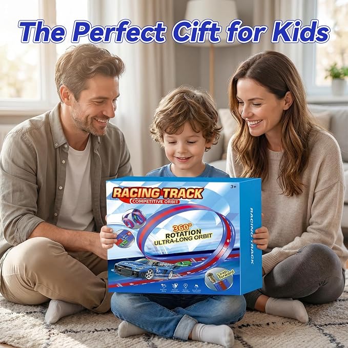 3-Lane Flexible Race Track for Kids, 16.4 Ft Flex Race Car Ramp Track with 3 Cars & Suction Cups - Compatible with Diecast 1/64th Cars, Portable Car Tracks Toys for Kids Boys Girls Ages 3-8+