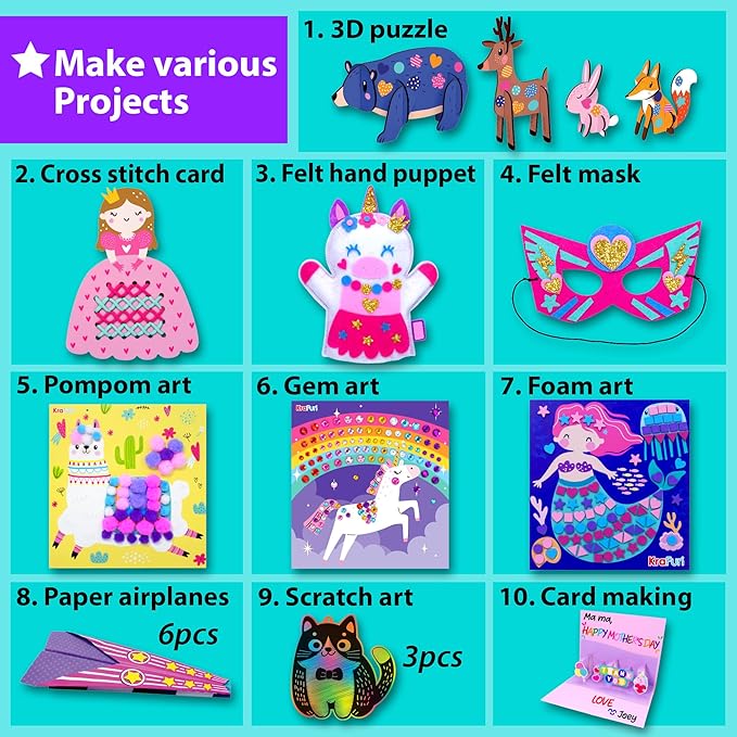 KRAFUN My First Craft Workshop Art and Craft Kit for Kids - Projects in 10 Envelopes, Unicorn, Mermaid, Princess & Llama Crafts, Creative Educational Activities Girls Toddlers Ages 3 4 5+