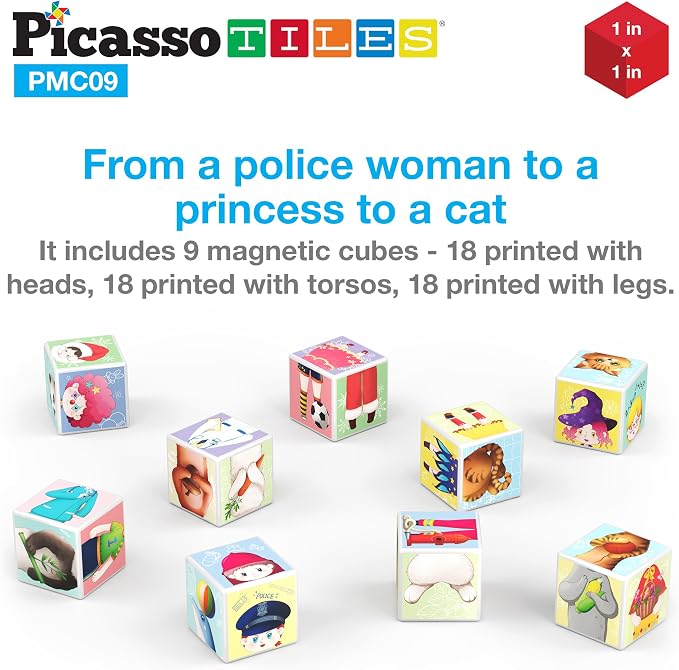 PicassoTiles Magnetic Expression Puzzle Toy Building Block Mix & Match Cubes Cubes Magnet Pre-School Sensory Toys Gifts Educational STEM Learning Kit for Kid, Baby Toddler Age 3 and Up 9 Piece PMC09