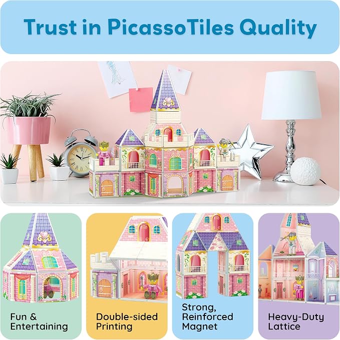 PicassoTiles 60pc Magnetic Tile Princess Castle Building Set with Double Sided Printed Tiles 2 Character Figures STEM Educational Toy Kit for Kids Pretend Play Montessori Learning Ages 3 to 8 PTQ04