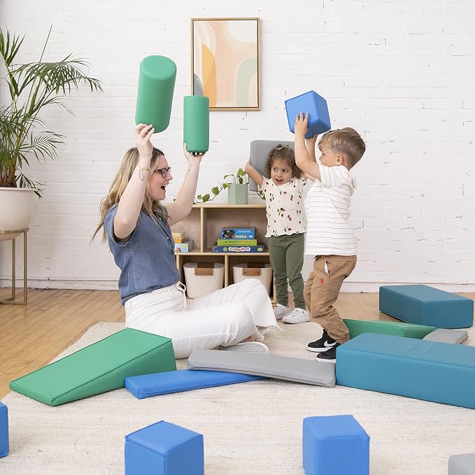 ECR4Kids SoftZone Builder Stacking Blocks and Shapes, Beginner Playset, Contemporary, 16-Piece