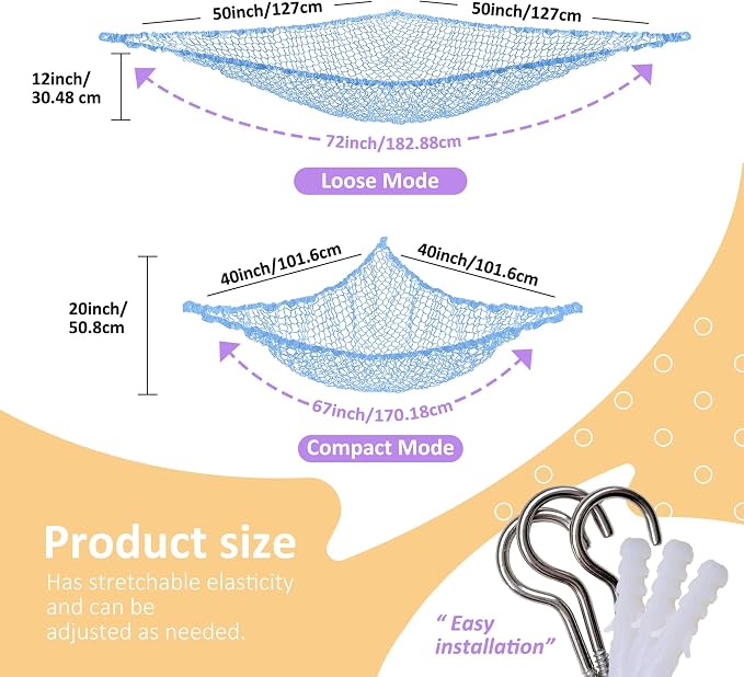 Lazebox Stuffed Animal Net Hammock for Plushie Toys, Stuffed Animal Hammock Corner for Kids' Room Decor, Ideas for Organizing Stuffy Collection, Blue, L (67" x 40" x 40")-Pack of 1