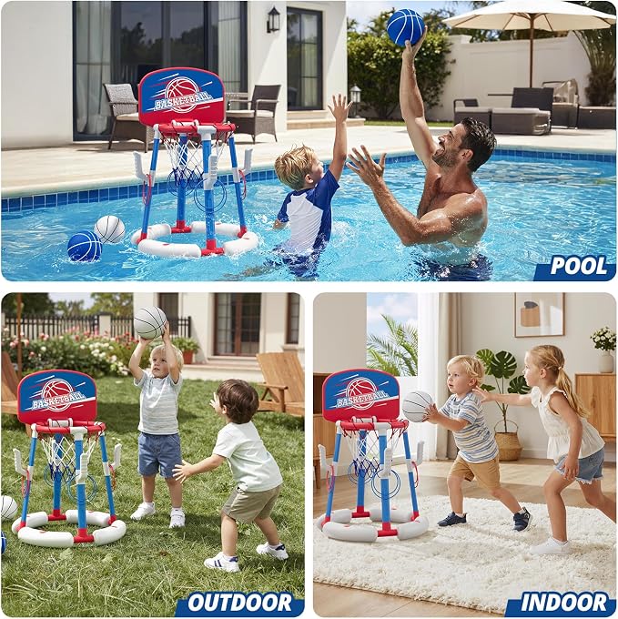 HYES 2 in 1 Pool Basketball Hoop with Ring Toss, Floating Pool Toys - Anti-Tip Stable Base - with 4 Balls/8 Rings/Pump - Summer Water Basketball Games Indoor Outdoor Gifts for Kids 4-8 & Adults, Red
