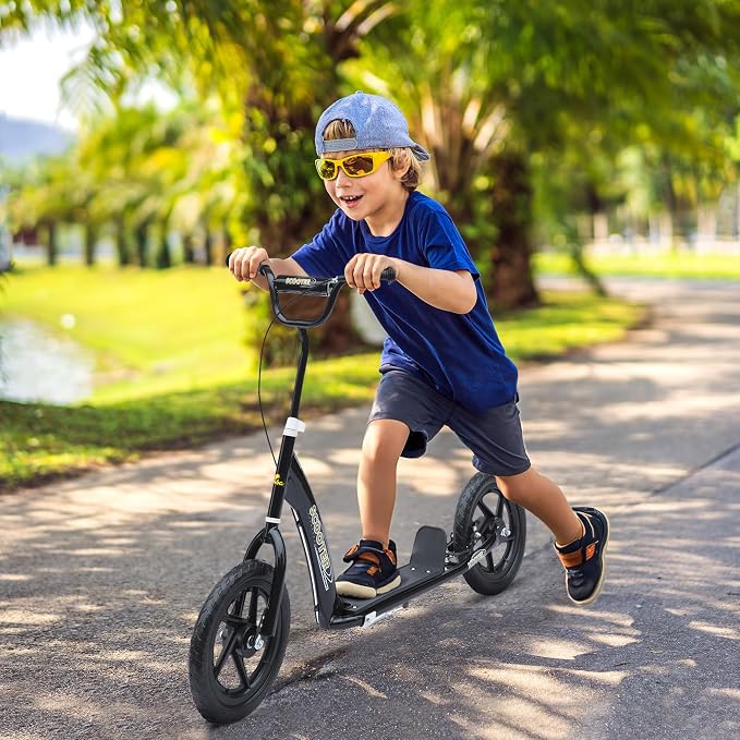 HOMCOM Kick Scooter for Kids 5-12 Years Old, Big Wheel Kids Scooter with Adjustable Height Handlebar, 12" EVA Tyres, Non-Slip Footplate, Rear Brake
