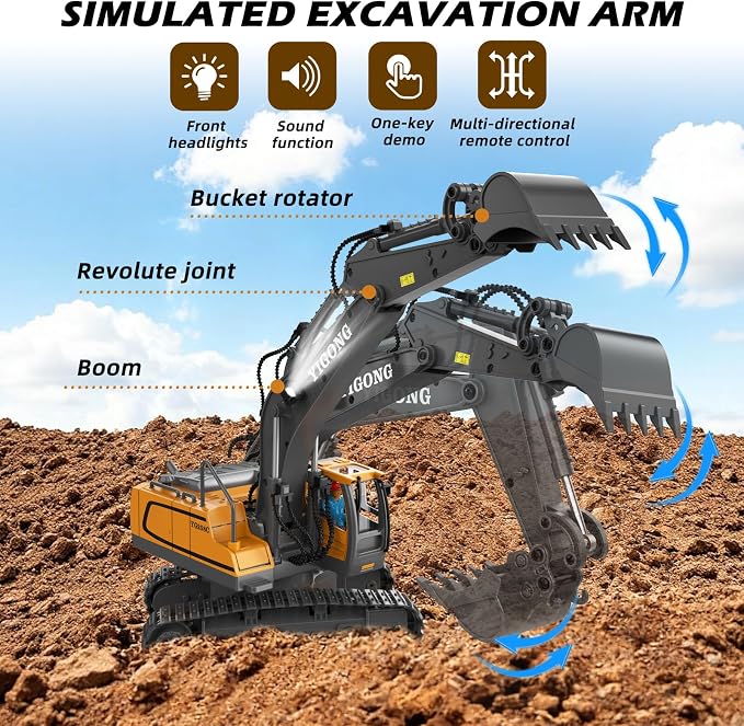 Remote Control Excavator Toy for Boys, 11-Channel Metal Construction Truck with Lights, 2 Batteries, 120-Min Playtime, RC Excavator Toys for Kids Ages 3-12, STEM Gift for Birthday