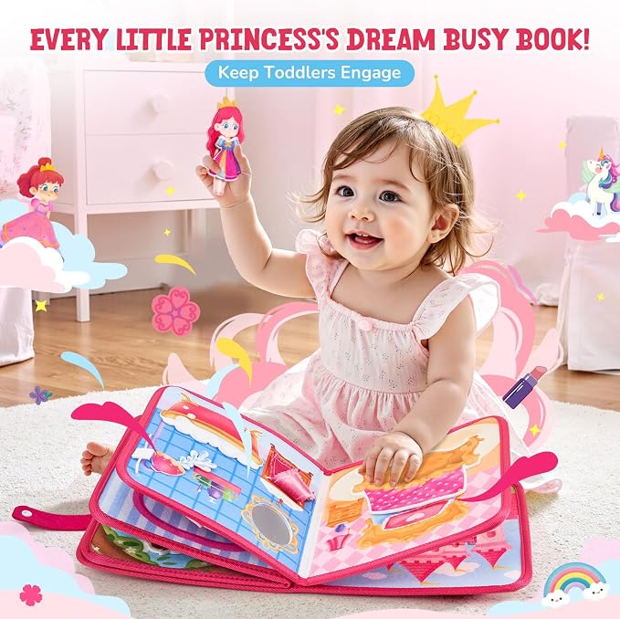 JoyCat Travel Toys for Toddlers 1-3, Princess Busy Book – Busy Book for 1 Year Old, Dress-Up, Unicorn & Castle Play –Quiet Toy Fine Motor Skills, Easter Basket Stuffers Gifts for Kids Girl