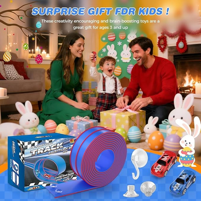 15 Ft Flexible Race Track for Kids, DIY Car Track Set with 2 Toy Cars & 3 Suction Cup Ramps, Easter Basket Stuffers for Teens & Boys Girls, Creative Easter Gifts for Kids, Blue & Red